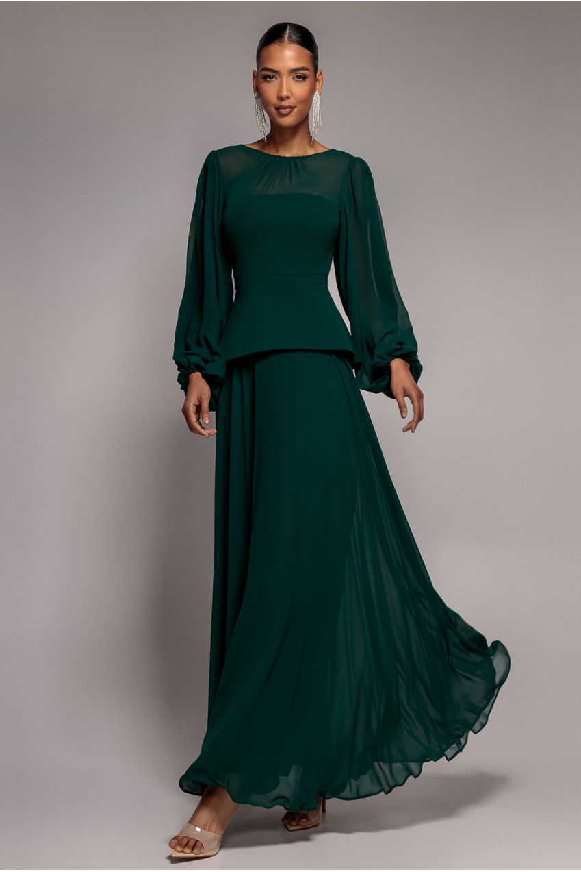 Bishop Sleeve Peplum Top Scuba Crepe And Chiffon Maxi Dress - Emerald Green DR4916