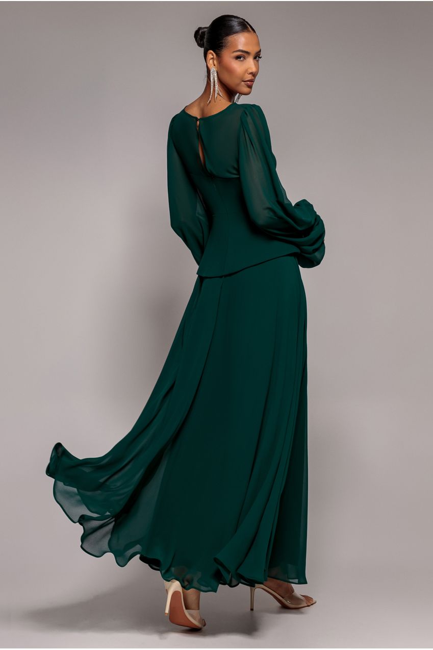 Bishop Sleeve Peplum Top Scuba Crepe And Chiffon Maxi Dress - Emerald Green DR4916