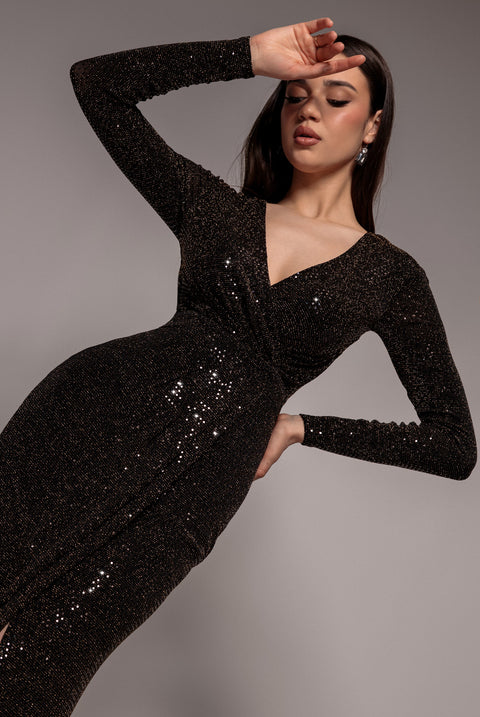 Glitter Lurex Long Sleeve Wrap Maxi Dress - Black by Goddiva