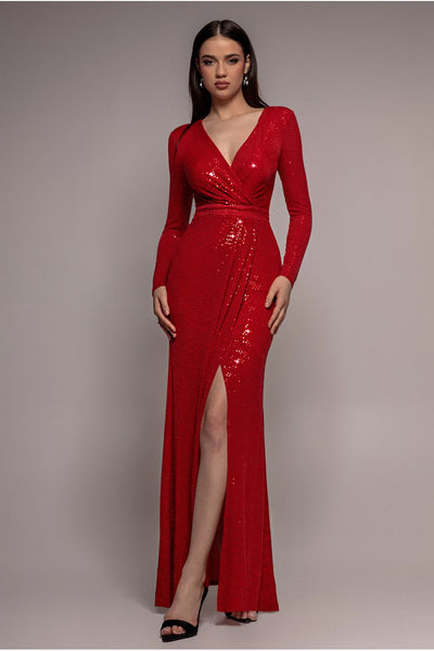 Sequin Glitter Lurex Long Sleeve Wrap Maxi Dress - Red by Goddiva