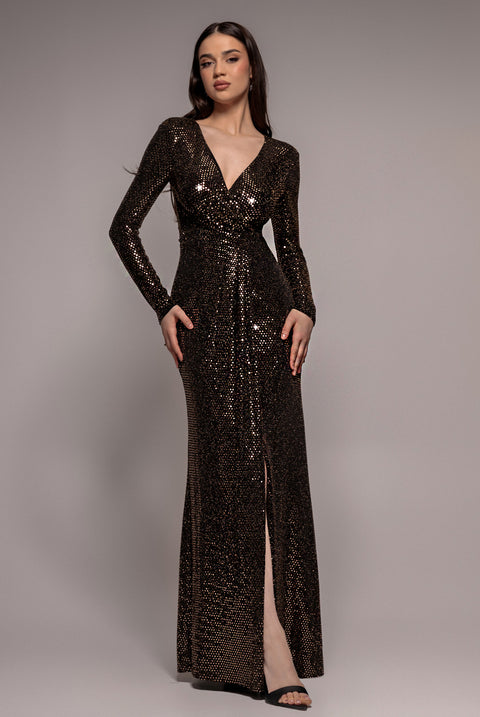 Glitter Lurex Long Sleeve Wrap Maxi Dress - Rose Gold by Goddiva