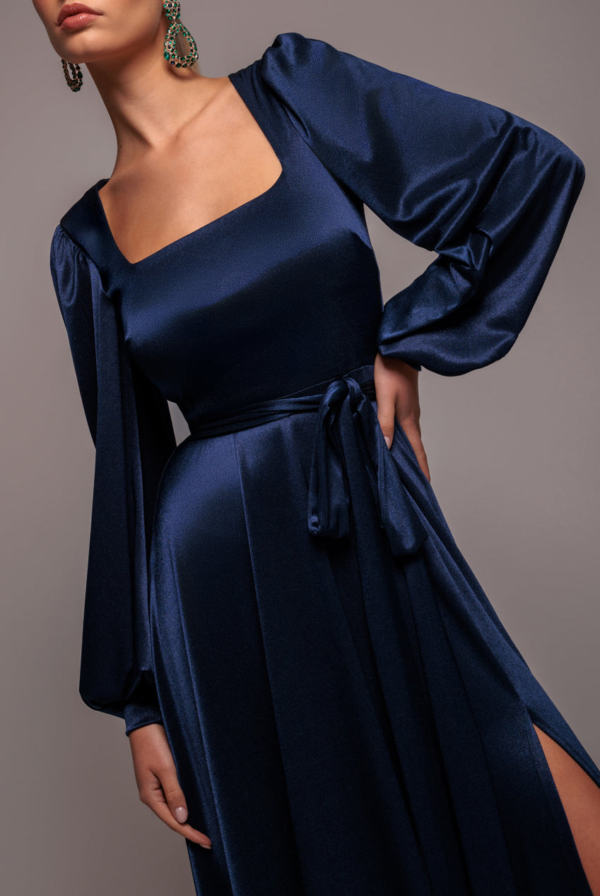 Satin Square Neck Bishop Sleeve A Line Maxi Dress - Navy Blue DR4919BR