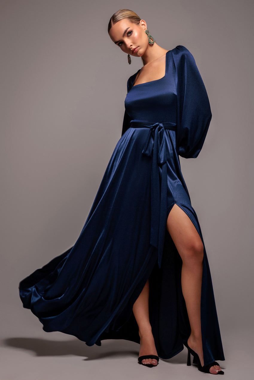 Satin Square Neck Bishop Sleeve A Line Maxi Dress - Navy Blue DR4919BR