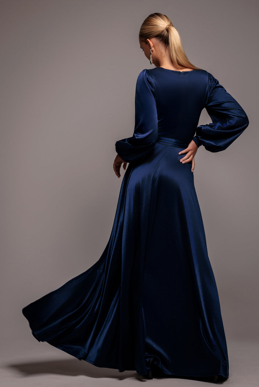 Satin Square Neck Bishop Sleeve A Line Maxi Dress - Navy Blue DR4919BR