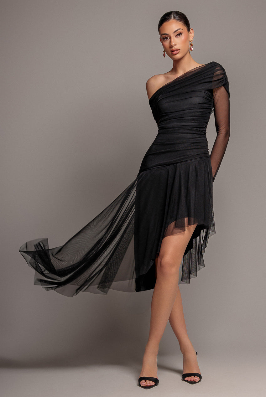 One Off Shoulder Asymmetric Midi Dress - Black DR4923