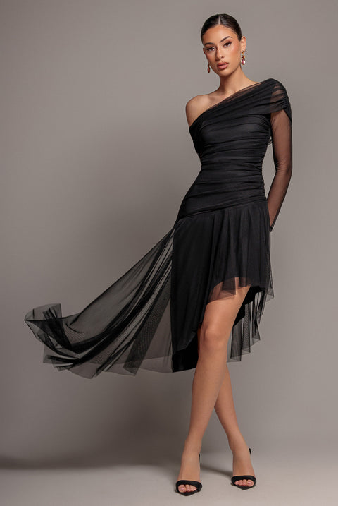 One Off Shoulder Asymmetric Midi Dress - Black by Goddiva
