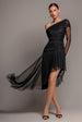 One Off Shoulder Asymmetric Midi Dress - Black by Goddiva