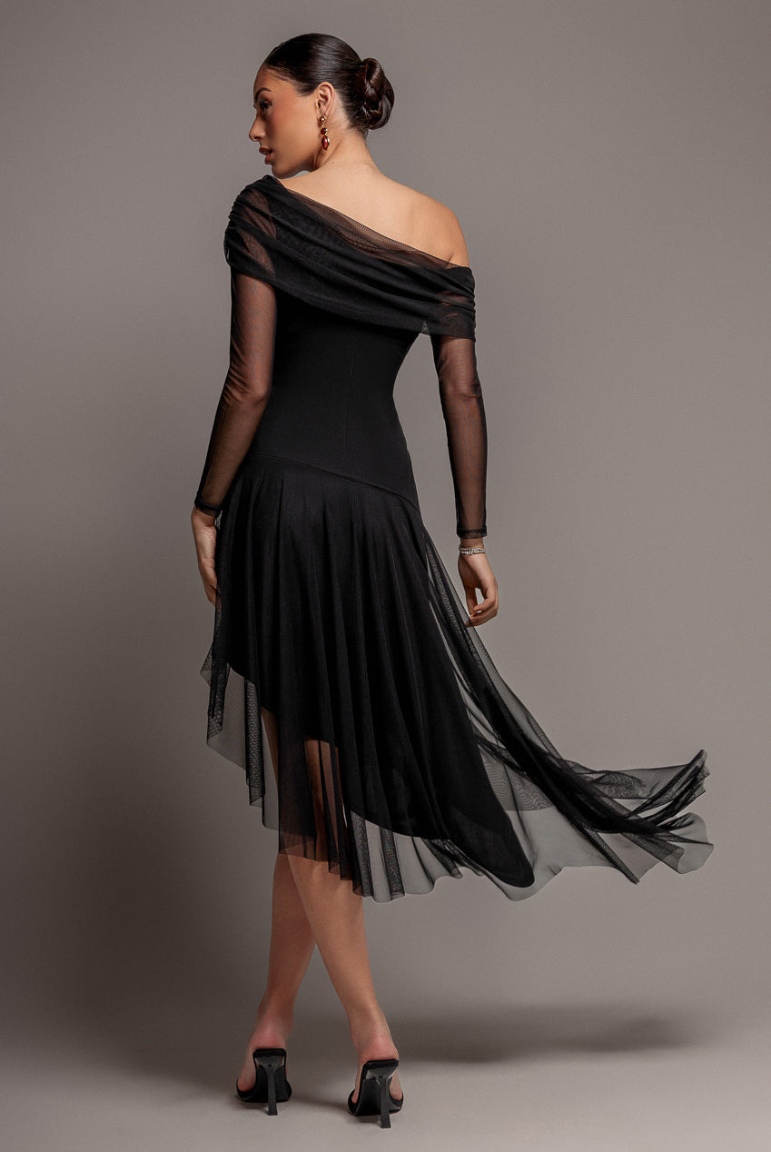 One Off Shoulder Asymmetric Midi Dress - Black DR4923