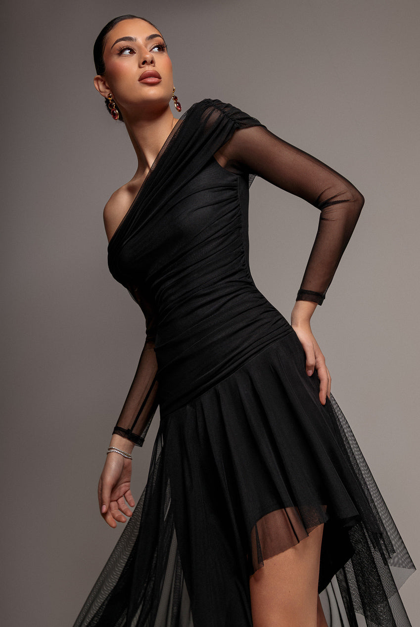 One Off Shoulder Asymmetric Midi Dress - Black DR4923