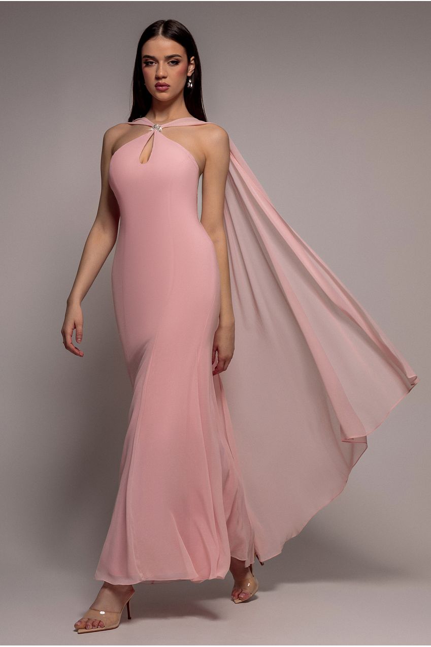 Multiway Cape Chiffon With Embellished Trim Maxi Dress - Blush Pink DR4924