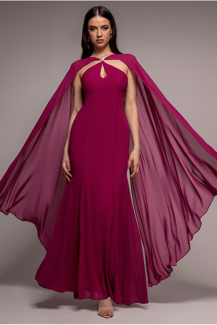 Multiway Cape Chiffon With Embellished Trim Maxi Dress - Magenta DR4924