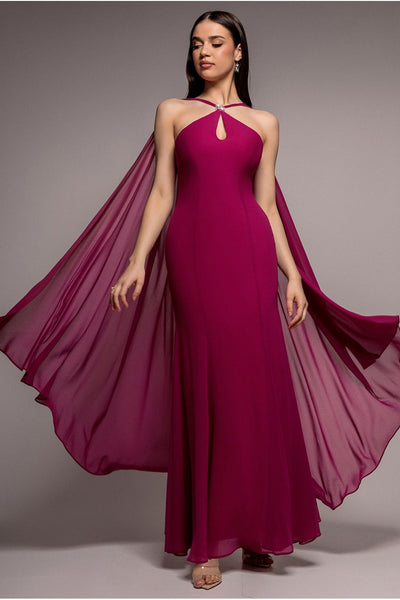 Magenta - Multiway Cape Chiffon With Embellished Trim Maxi Dress - Magenta by Goddiva