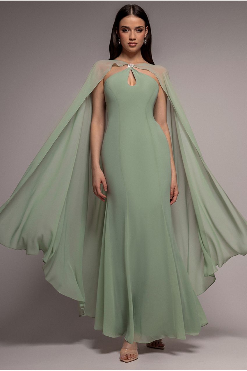 Multiway Cape Chiffon With Embellished Trim Maxi Dress - Sage Green DR4924