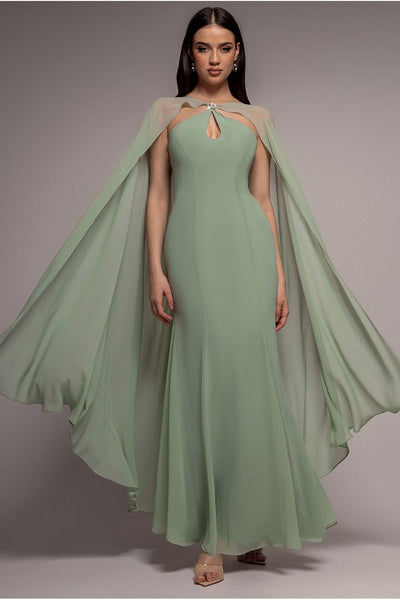 Sage Green - Multiway Cape Chiffon With Embellished Trim Maxi Dress - Sage Green by Goddiva