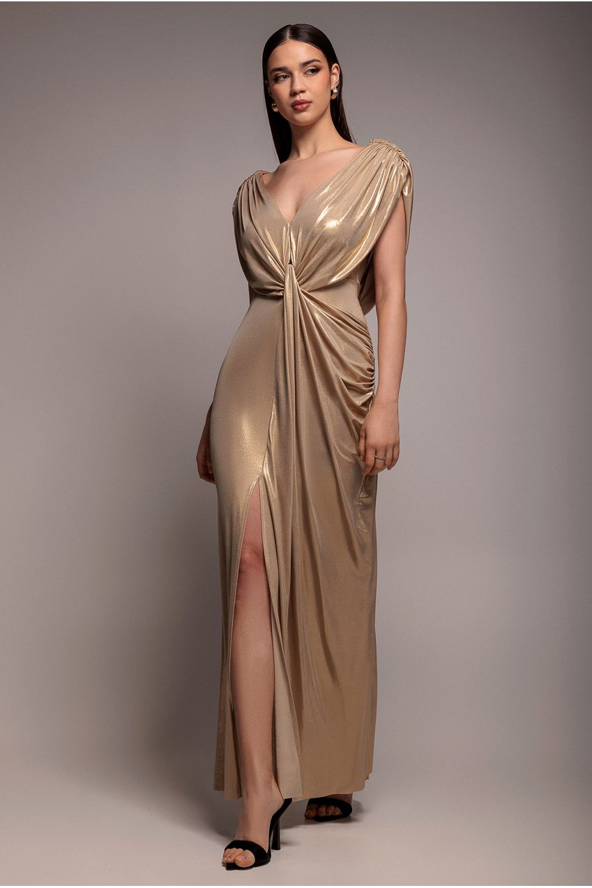 Cowl Plunge Draped Foil Maxi Dress - Gold DR4925