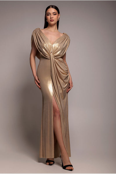 Cowl Plunge Draped Foil Maxi Dress - Gold