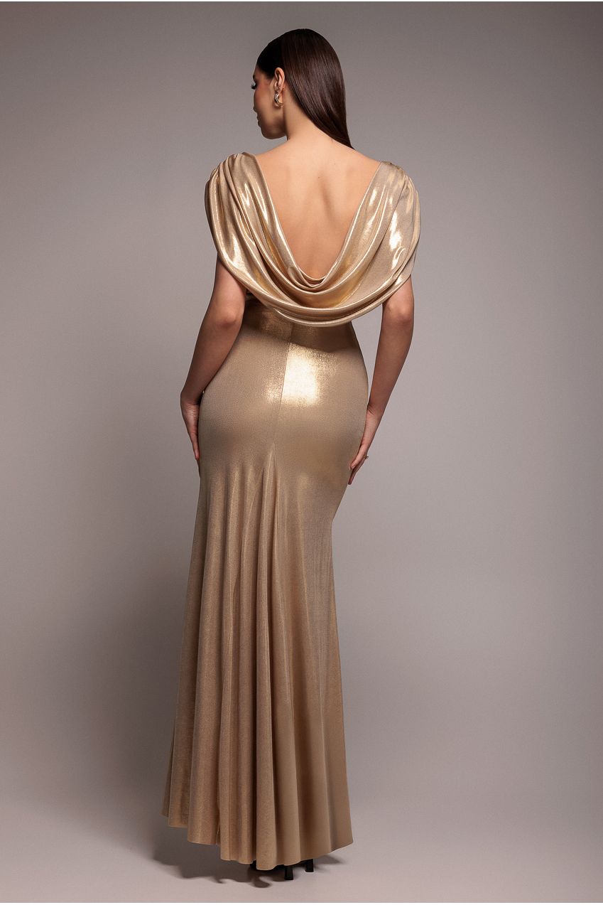 Cowl Plunge Draped Foil Maxi Dress - Gold | Goddiva Cowl Plunge Draped Foil Maxi Dress - Gold | Goddiva