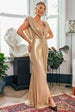 Cowl Plunge Draped Foil Maxi Dress - Gold by Goddiva