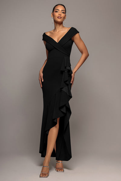 Black - Off Shoulder Front Waterfall Frill Maxi Dress - Black by Goddiva