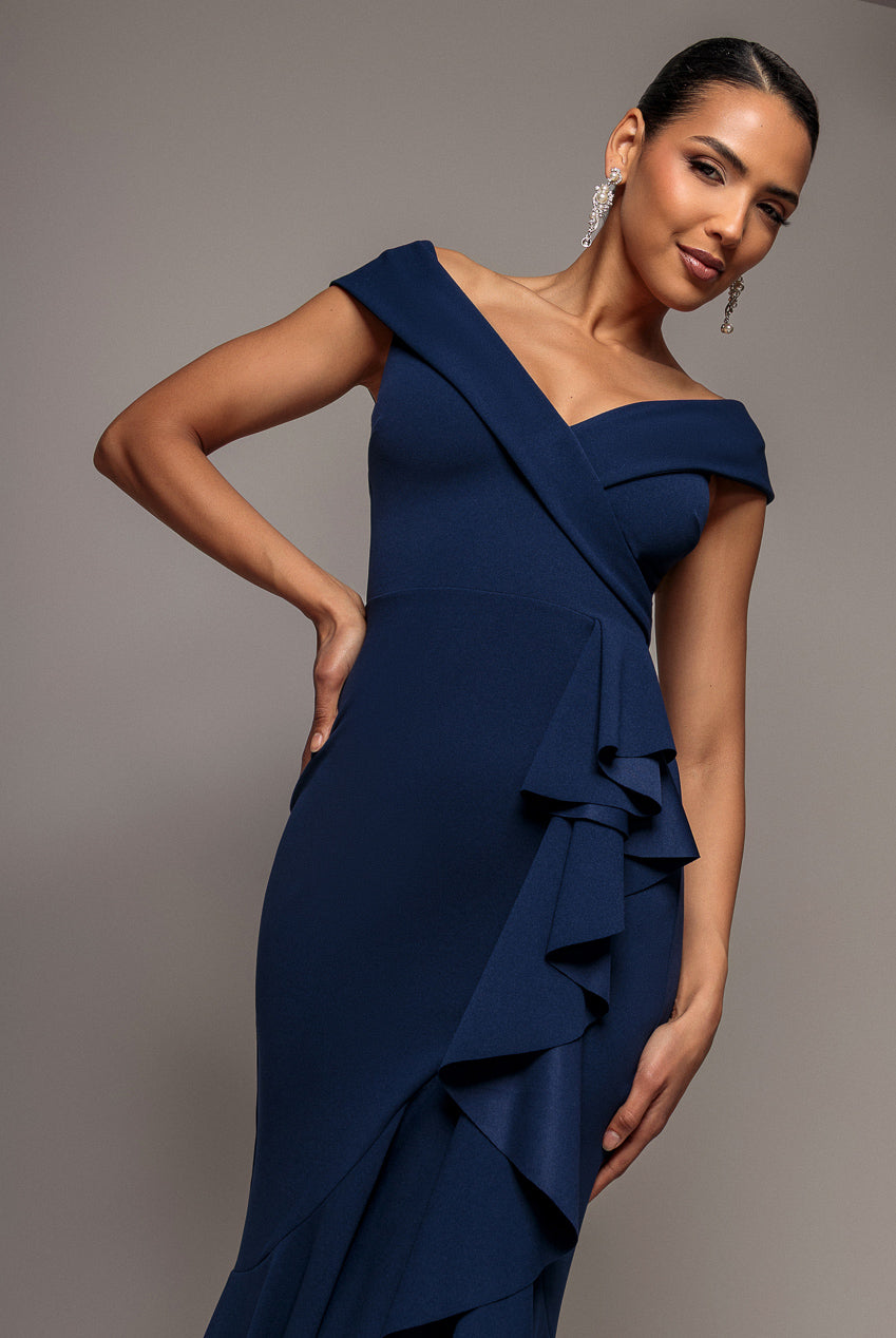 Off Shoulder Front Waterfall Frill Maxi Dress - Navy Blue DR4929BR
