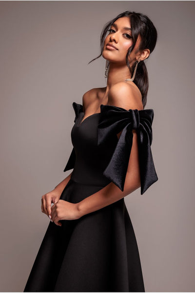 Scuba Off The Shoulder Velvet Bow Skater Midi Dress - Black by Goddiva