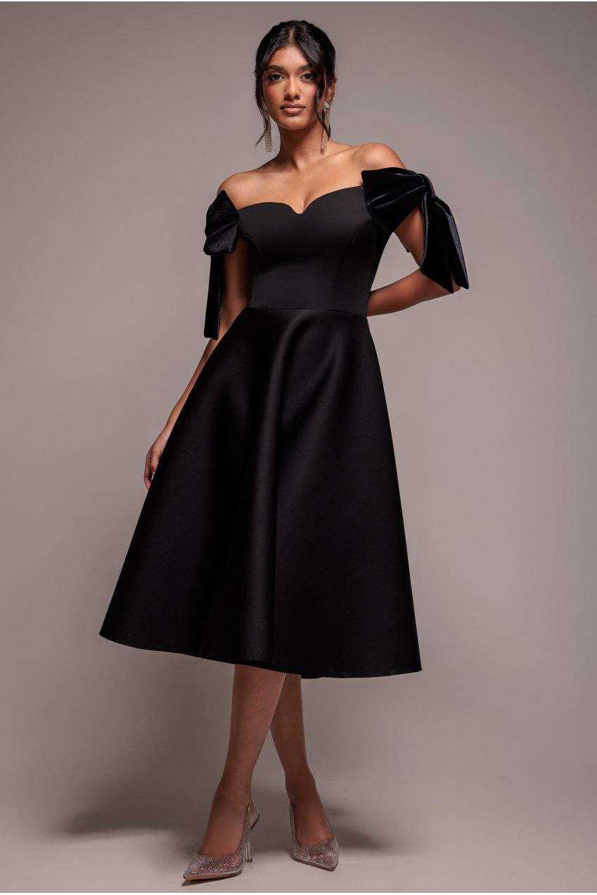 Scuba Fabric Plunge Midi Skater Dress Scuba Off The Shoulder Velvet Bow Skater Midi Dress Black Scuba Fabric Plunge Midi Skater Dress Scuba Off The Shoulder Velvet Bow Skater Midi Dress Black