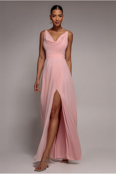 Blush - Chiffon Cowl Twisted Rope Strap Lace-up Flared Maxi Dress - Blush Pink by Goddiva
