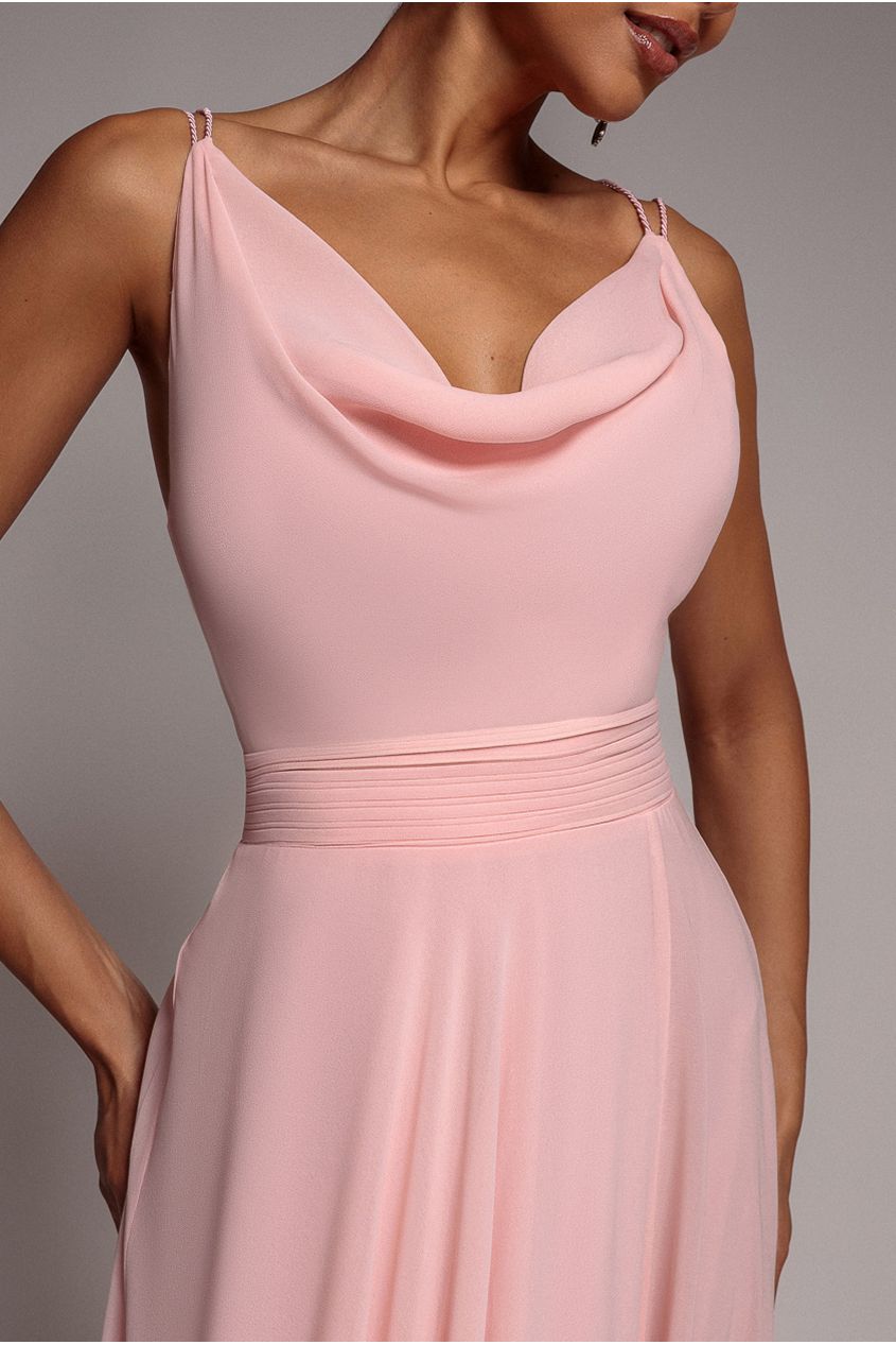 Chiffon Cowl Twisted Rope Strap Lace-up Flared Maxi Dress - Blush Pink DR4937