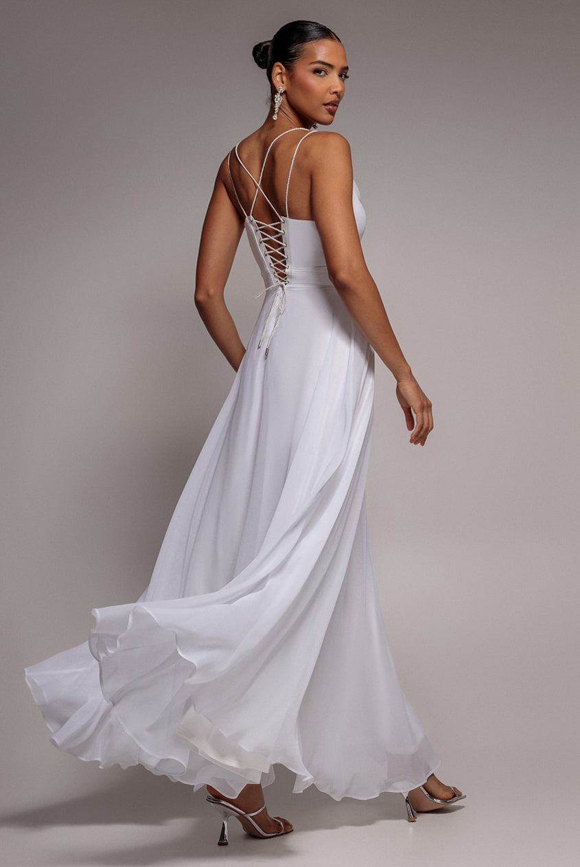 Chiffon Cowl Twisted Rope Strap Lace-up Flared Maxi Dress - Ivory DR4937