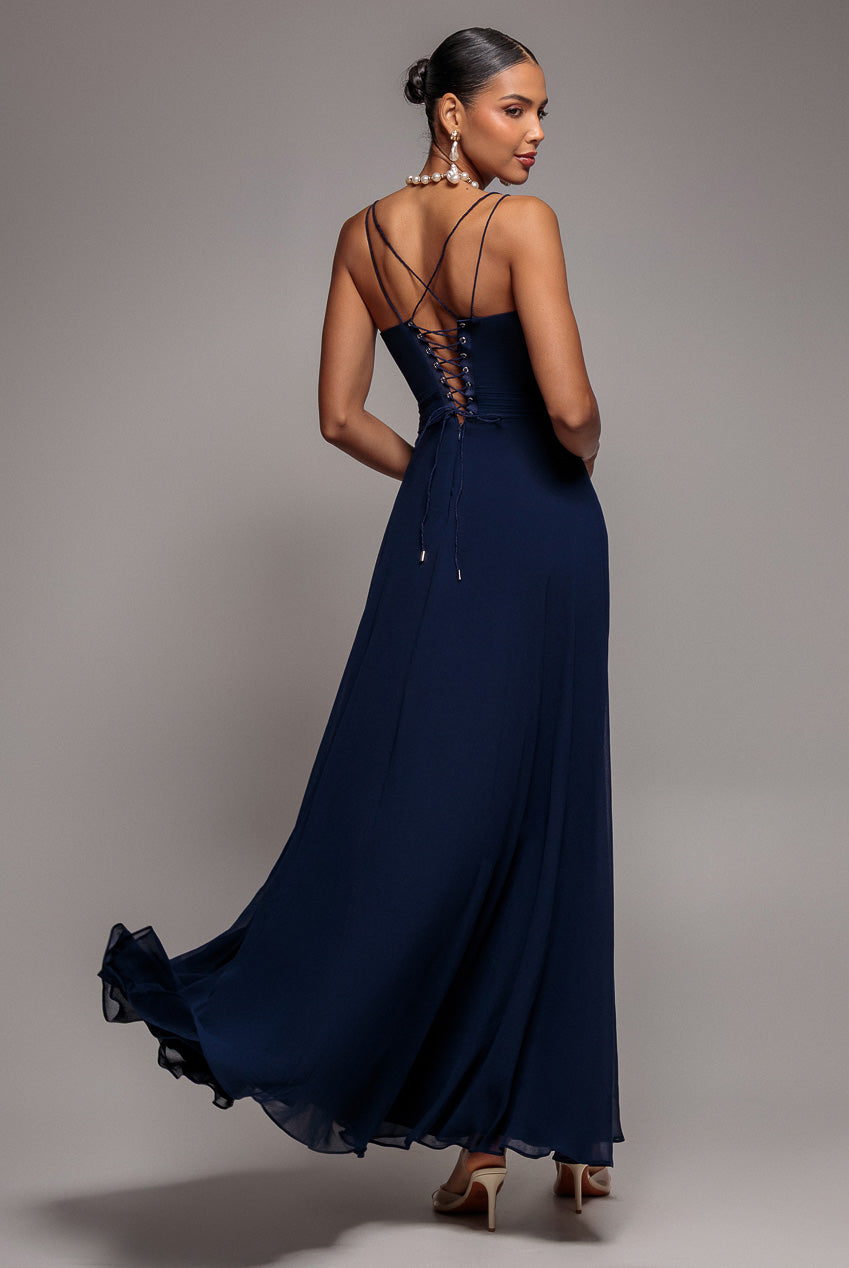 Chiffon Cowl Twisted Rope Strap Lace-up Flared Maxi Dress - Navy Blue DR4937