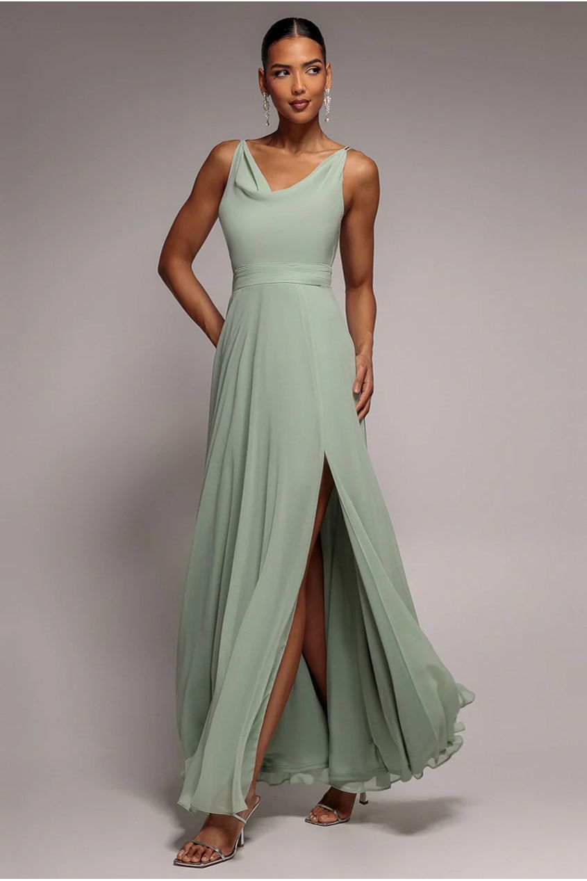 Chiffon Cowl Twisted Rope Strap Lace-up Flared Maxi Dress - Sage Green DR4937