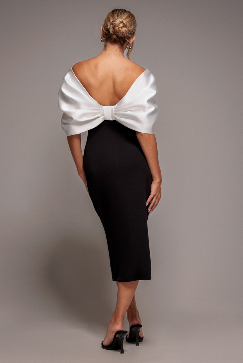 Contrast Off Shoulder Back Satin Bow Scuba Midi Dress - Black Cream DR4939