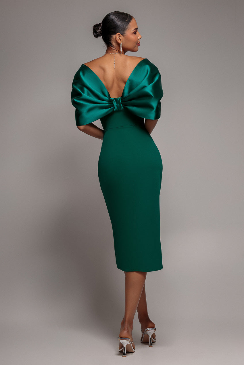 Off Shoulder Back Satin Bow Wrap Crepe Midi Dress - Emerald Green | Goddiva Off Shoulder Back Satin Bow Wrap Crepe Midi Dress - Emerald Green | Goddiva