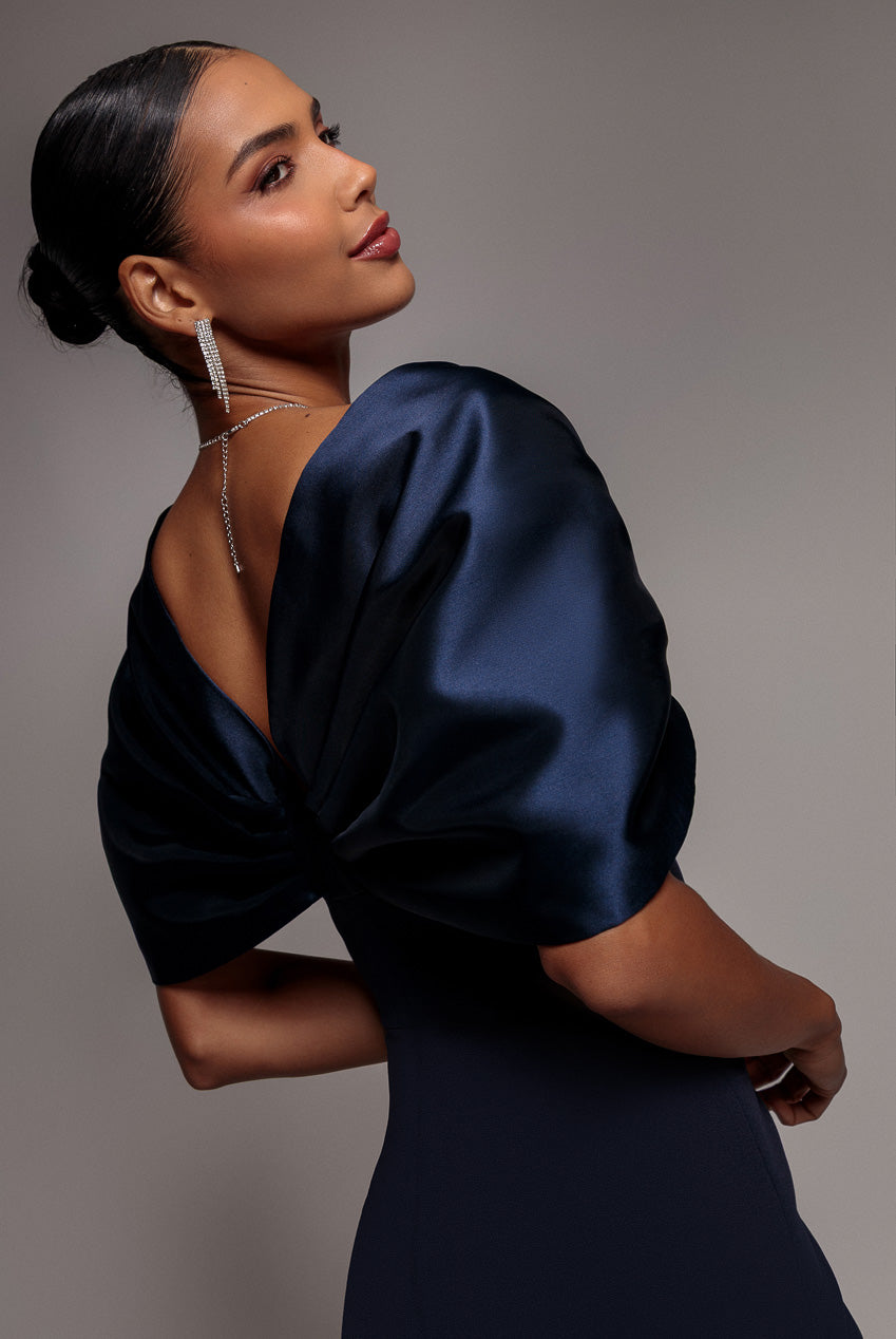 Off Shoulder Back Satin Bow Wrap Crepe Midi Dress - Navy Blue DR4939