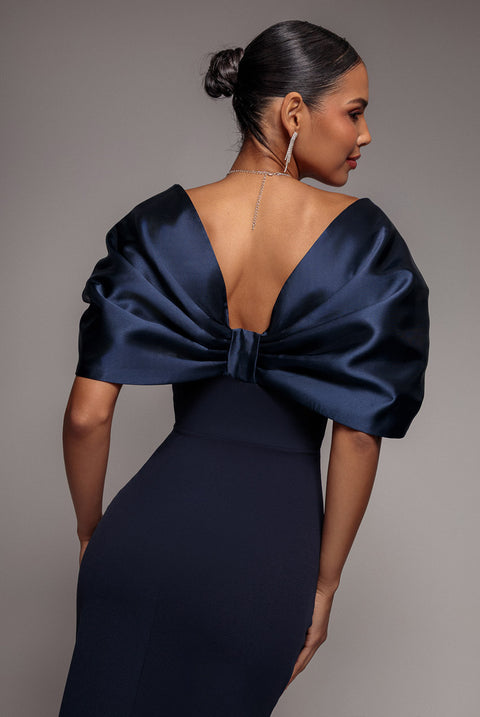 Off Shoulder Back Satin Bow Wrap Crepe Midi Dress - Navy Blue by Goddiva