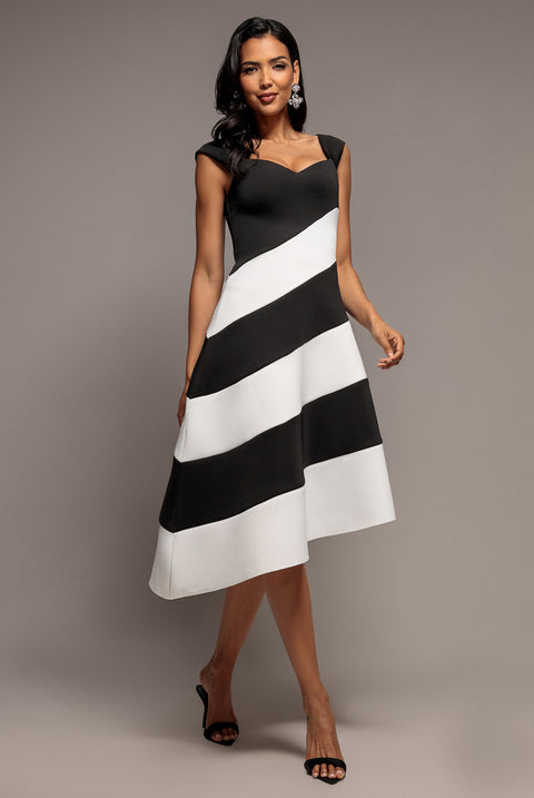Striped Contrast Asymmetric Midi Dress - Black Cream by Goddiva