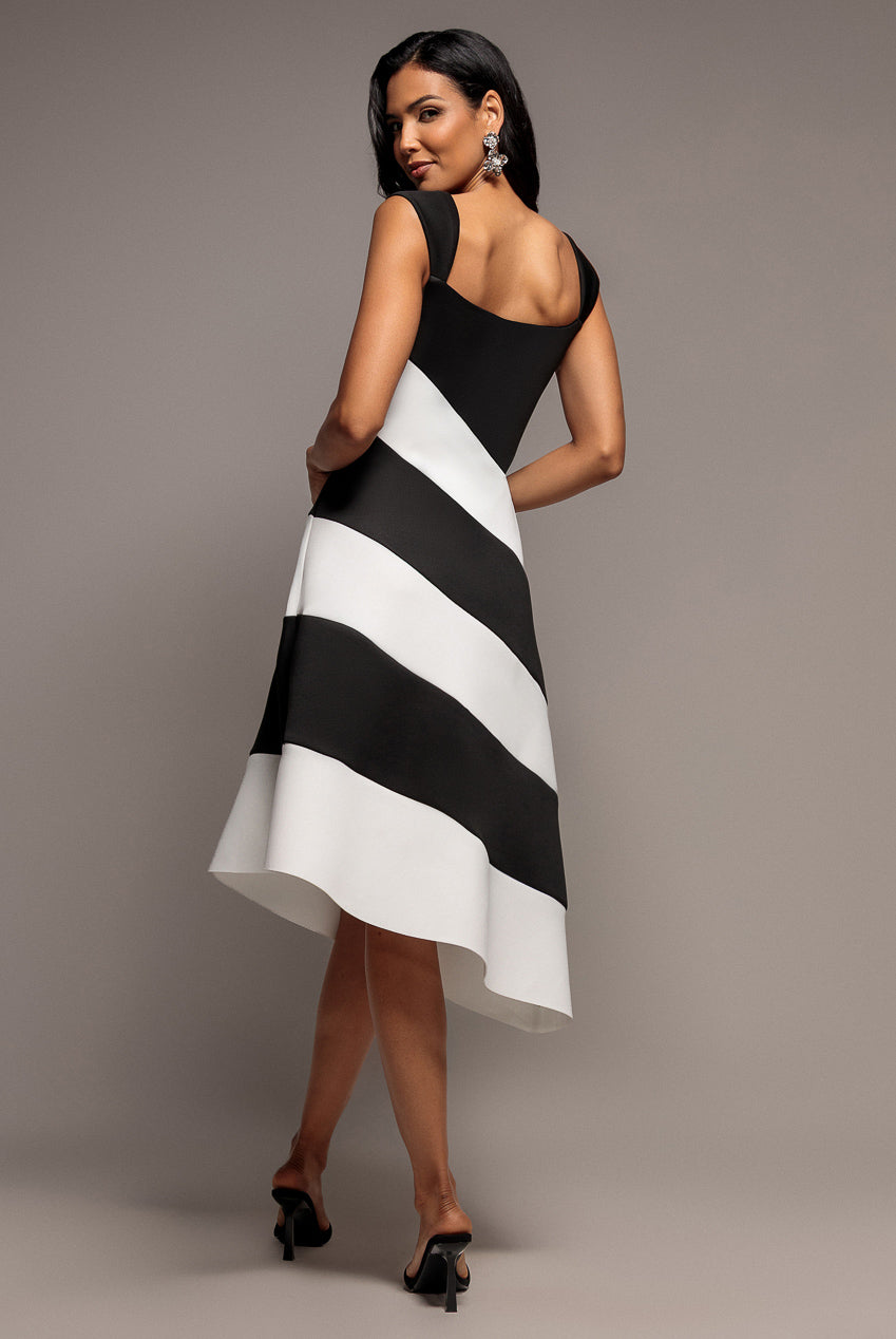 Striped Contrast Asymmetric Midi Dress - Black Cream DR4947