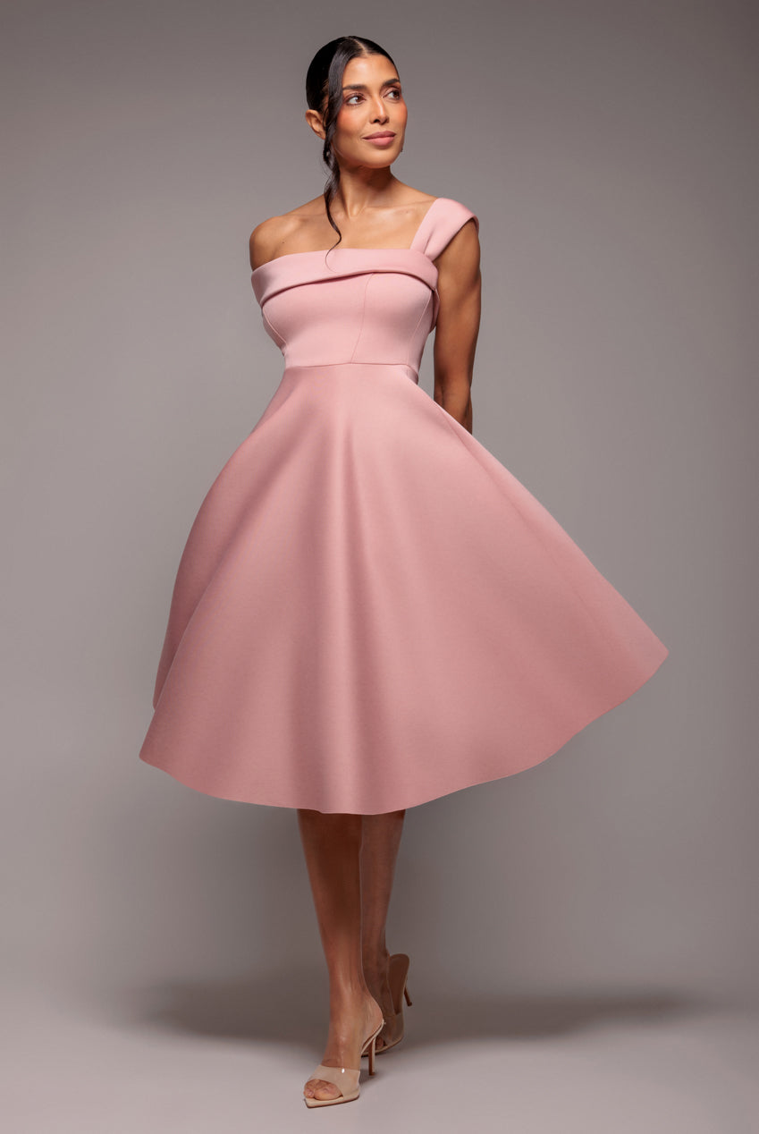 One Shoulder A Line Midi Dress - Blush Pink | Goddiva One Shoulder A Line Midi Dress - Blush Pink | Goddiva