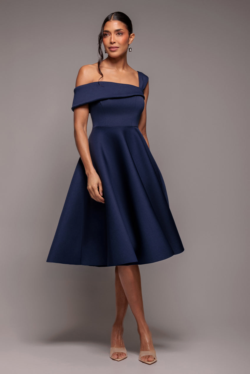 One Shoulder A Line Midi Dress - Navy Blue DR4949