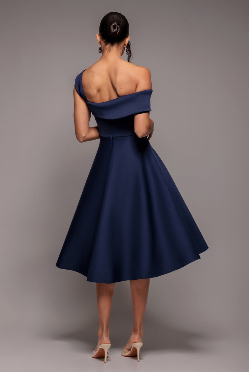 One Shoulder A Line Midi Dress - Navy Blue DR4949