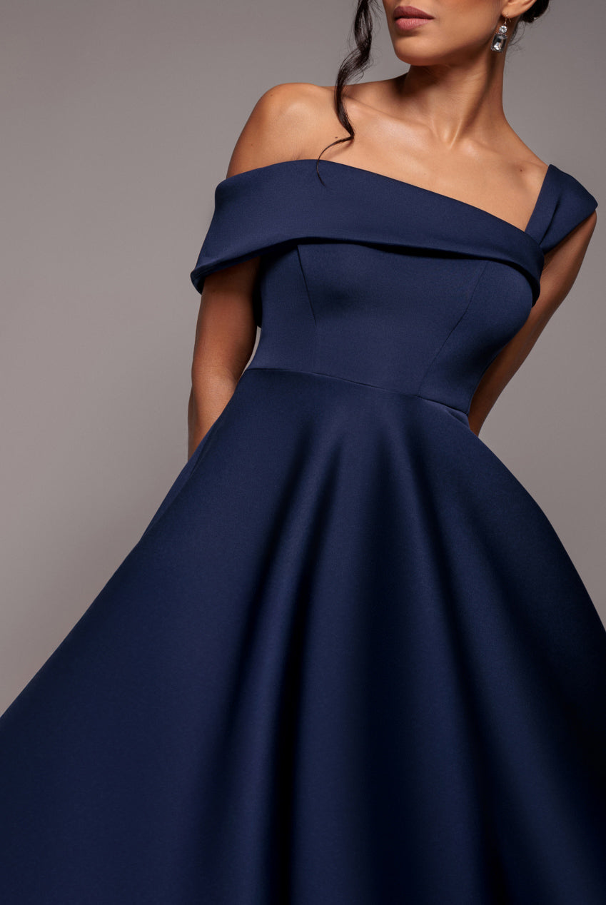 One Shoulder A Line Midi Dress - Navy Blue DR4949
