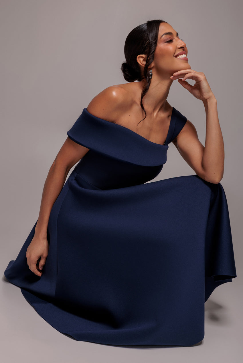 One Shoulder A Line Midi Dress - Navy Blue DR4949