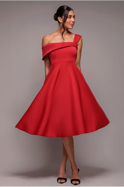 One Shoulder A Line Midi Dress - Red by Goddiva