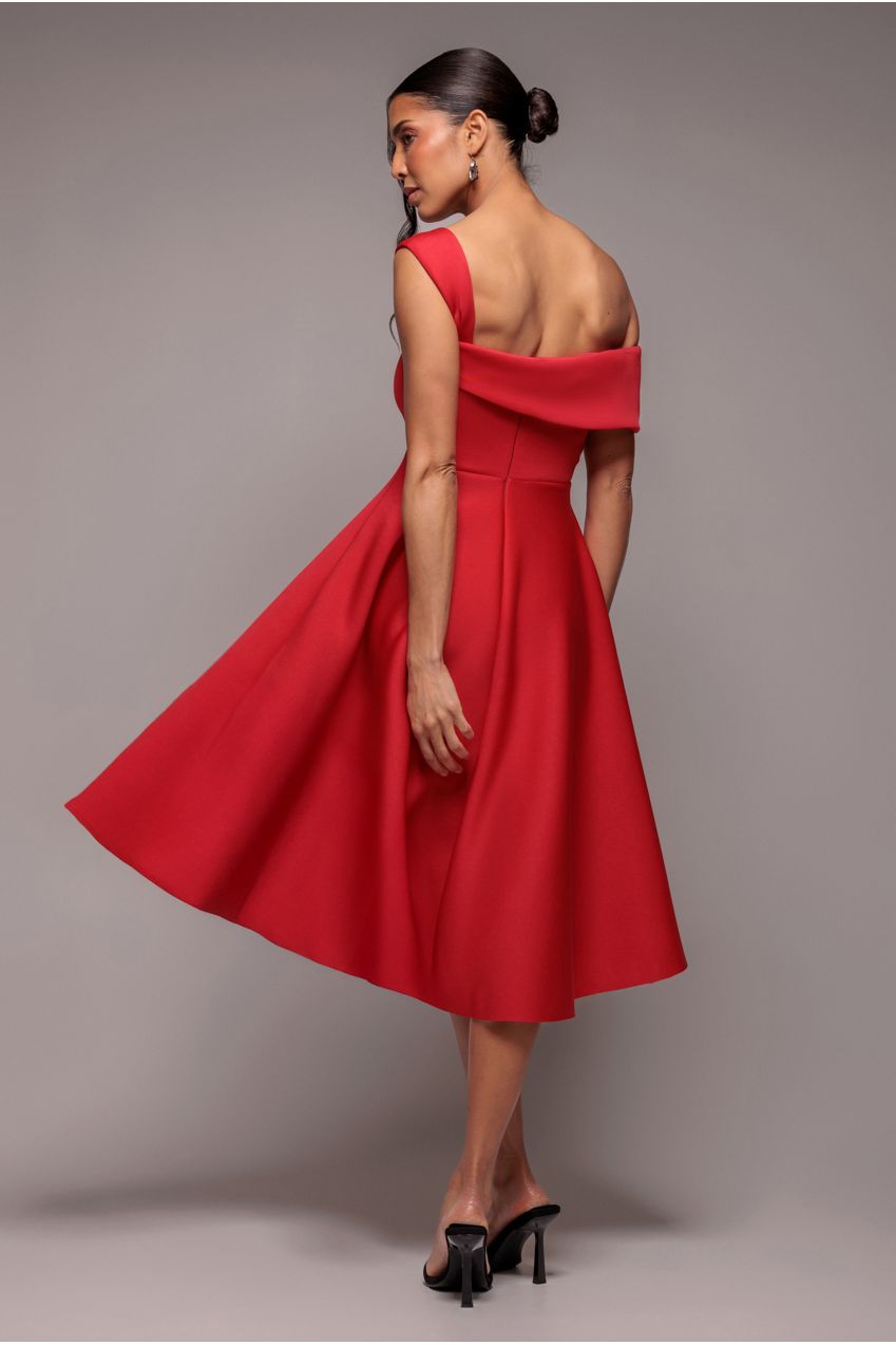 One Shoulder A Line Midi Dress - Red | Goddiva One Shoulder A Line Midi Dress - Red | Goddiva