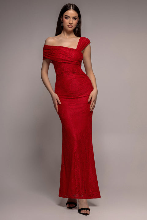 One Shoulder Pleated Bardot Lace Maxi Dress - Red by Goddiva