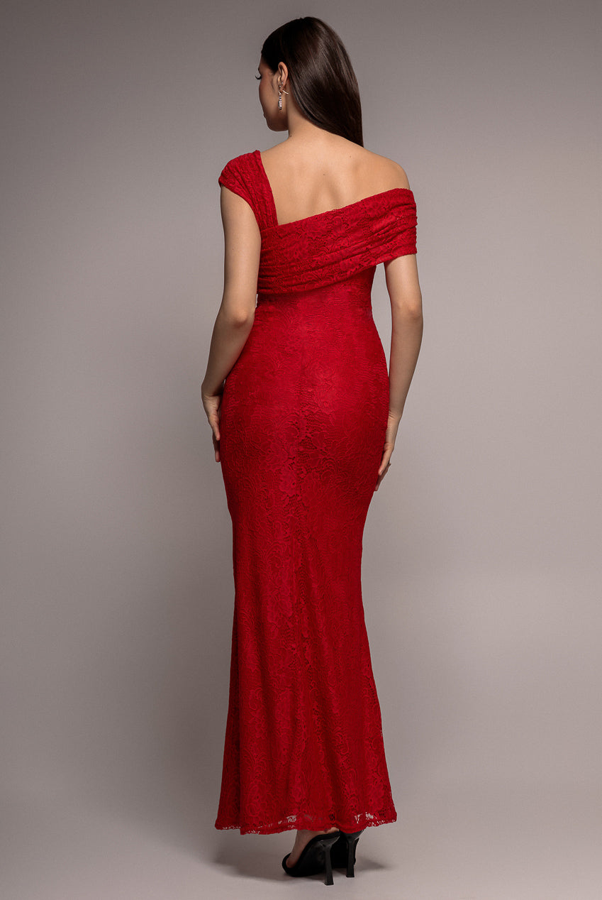 One Shoulder Pleated Bardot Lace Maxi Dress - Red DR4956