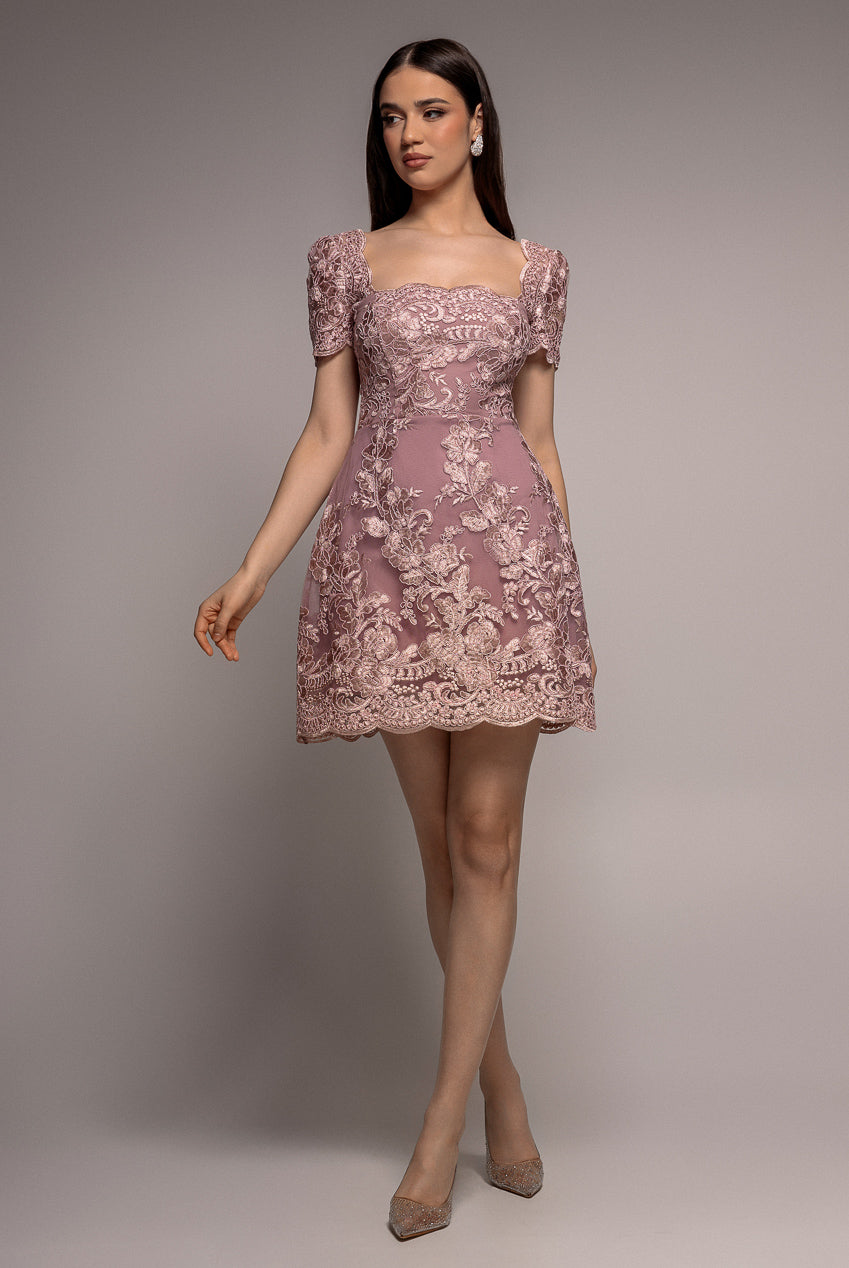 Scallop Edge Corset Back Structured Lace Mini Dress - Pink DR4966