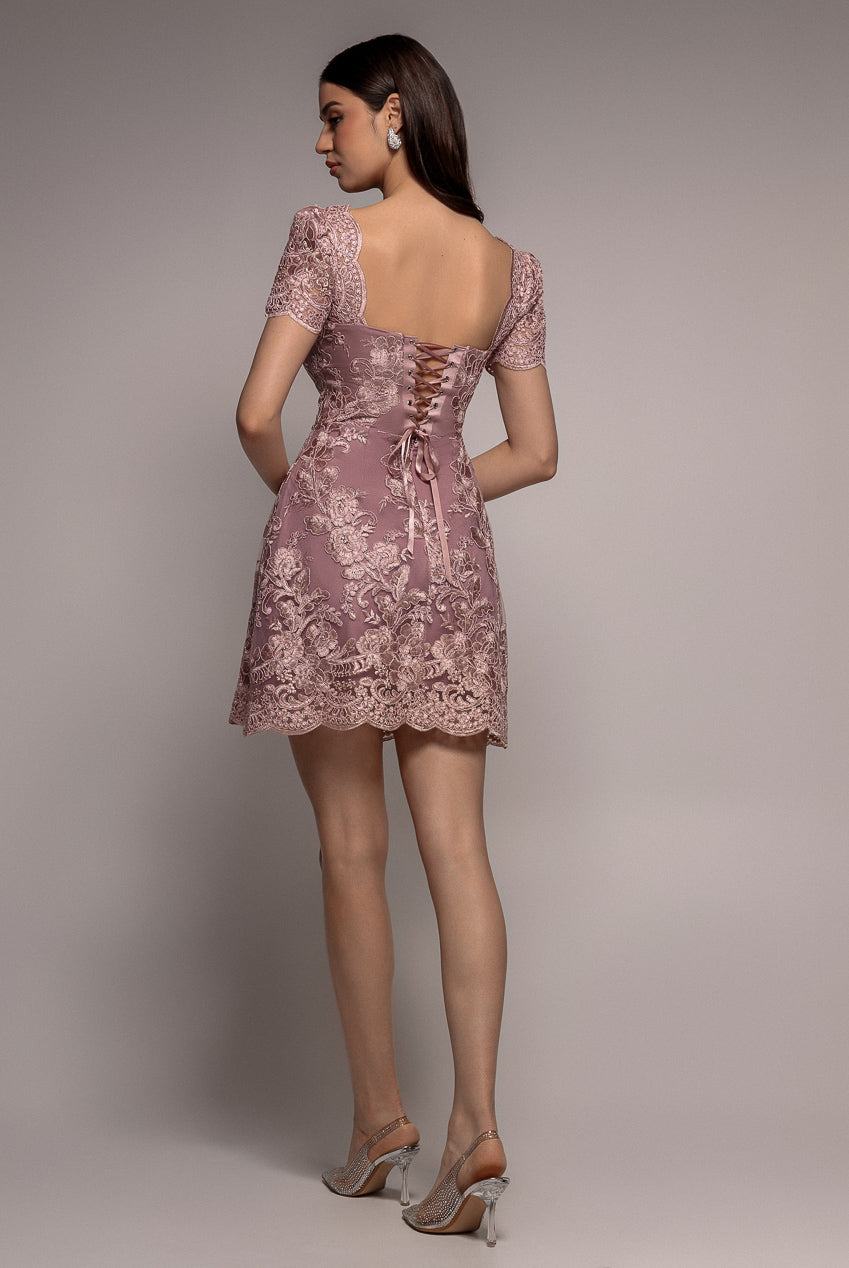 Scallop Edge Corset Back Structured Lace Mini Dress - Pink DR4966