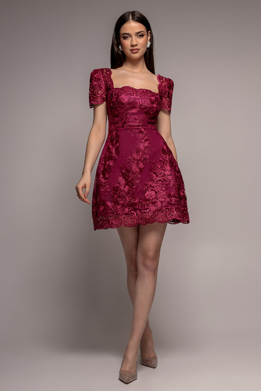 Scallop Edge Corset Back Structured Lace Mini Dress - Burgundy DR4966