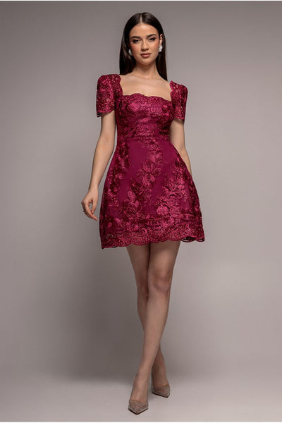 Scallop Edge Corset Back Structured Lace Mini Dress - Burgundy by Goddiva